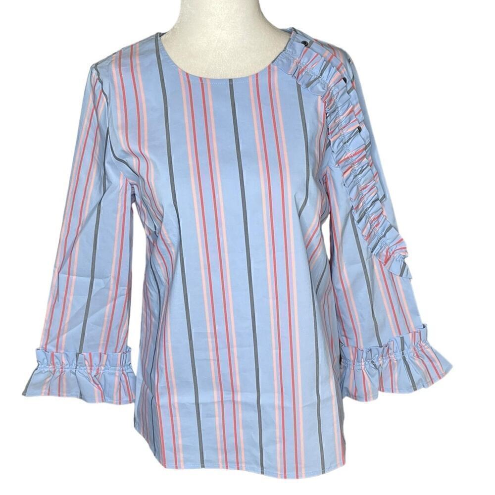 Halogen Striped Ruffled Blouse Bell Sleeves Cotton Size Small - Picture 2 of 14